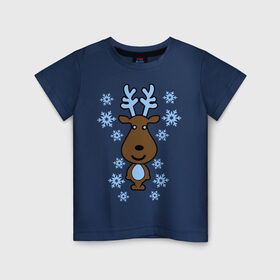 Детская футболка хлопок с принтом Милый олень и снежинки в Екатеринбурге, 100% хлопок | круглый вырез горловины, полуприлегающий силуэт, длина до линии бедер | new year | новый год | олень | снег | снежинки