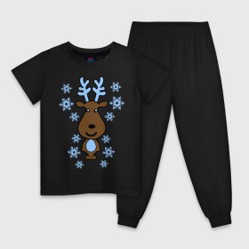 Детская пижама хлопок с принтом Милый олень и снежинки в Екатеринбурге, 100% хлопок |  брюки и футболка прямого кроя, без карманов, на брюках мягкая резинка на поясе и по низу штанин
 | new year | новый год | олень | снег | снежинки