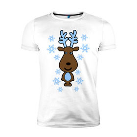 Мужская футболка премиум с принтом Милый олень и снежинки в Екатеринбурге, 92% хлопок, 8% лайкра | приталенный силуэт, круглый вырез ворота, длина до линии бедра, короткий рукав | new year | новый год | олень | снег | снежинки
