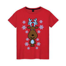 Женская футболка хлопок с принтом Милый олень и снежинки в Екатеринбурге, 100% хлопок | прямой крой, круглый вырез горловины, длина до линии бедер, слегка спущенное плечо | new year | новый год | олень | снег | снежинки