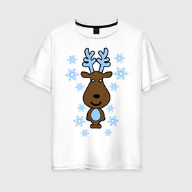 Женская футболка хлопок Oversize с принтом Милый олень и снежинки в Екатеринбурге, 100% хлопок | свободный крой, круглый ворот, спущенный рукав, длина до линии бедер
 | new year | новый год | олень | снег | снежинки