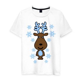 Мужская футболка хлопок с принтом Милый олень и снежинки в Екатеринбурге, 100% хлопок | прямой крой, круглый вырез горловины, длина до линии бедер, слегка спущенное плечо. | new year | новый год | олень | снег | снежинки
