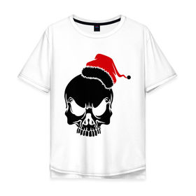 Мужская футболка хлопок Oversize с принтом Череп в новогодней шапке в Екатеринбурге, 100% хлопок | свободный крой, круглый ворот, “спинка” длиннее передней части | Тематика изображения на принте: скелет