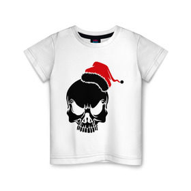 Детская футболка хлопок с принтом Череп в новогодней шапке в Екатеринбурге, 100% хлопок | круглый вырез горловины, полуприлегающий силуэт, длина до линии бедер | Тематика изображения на принте: скелет
