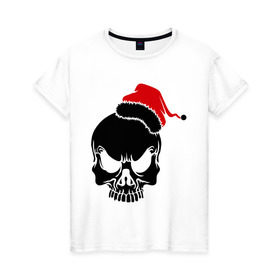 Женская футболка хлопок с принтом Череп в новогодней шапке в Екатеринбурге, 100% хлопок | прямой крой, круглый вырез горловины, длина до линии бедер, слегка спущенное плечо | скелет