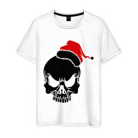 Мужская футболка хлопок с принтом Череп в новогодней шапке в Екатеринбурге, 100% хлопок | прямой крой, круглый вырез горловины, длина до линии бедер, слегка спущенное плечо. | Тематика изображения на принте: скелет