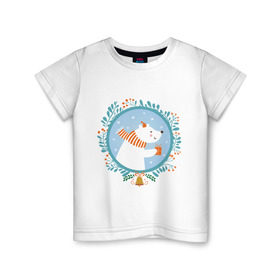 Детская футболка хлопок с принтом Белый мишка в Екатеринбурге, 100% хлопок | круглый вырез горловины, полуприлегающий силуэт, длина до линии бедер | Тематика изображения на принте: белый мишка | венок | новый год | подарки | праздник | снег | снежинки | холод | шапки