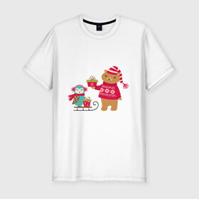 Мужская футболка премиум с принтом Медведь и сова в Екатеринбурге, 92% хлопок, 8% лайкра | приталенный силуэт, круглый вырез ворота, длина до линии бедра, короткий рукав | венок | медведь. сова. санки | новый год | подарки | праздник | снег | снежинки | холод | шапки
