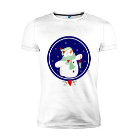 Мужская футболка премиум с принтом Снеговик в Екатеринбурге, 92% хлопок, 8% лайкра | приталенный силуэт, круглый вырез ворота, длина до линии бедра, короткий рукав | новый год | праздник | снег | снеговик | снежинки | холод | шапки