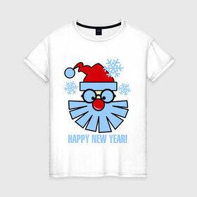 Женская футболка хлопок с принтом Санта Клаус и снежинки в Екатеринбурге, 100% хлопок | прямой крой, круглый вырез горловины, длина до линии бедер, слегка спущенное плечо | new year | дед мороз | зима | новый год | санта | санта клаус | снег