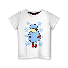 Детская футболка хлопок с принтом Барашек и снежинки в Екатеринбурге, 100% хлопок | круглый вырез горловины, полуприлегающий силуэт, длина до линии бедер | барашек | зима | новый год | овечка | овца | снег | снежинки