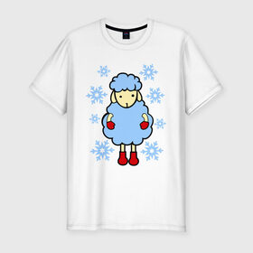 Мужская футболка премиум с принтом Барашек и снежинки в Екатеринбурге, 92% хлопок, 8% лайкра | приталенный силуэт, круглый вырез ворота, длина до линии бедра, короткий рукав | барашек | зима | новый год | овечка | овца | снег | снежинки
