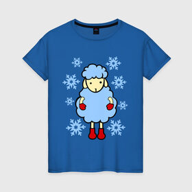 Женская футболка хлопок с принтом Барашек и снежинки в Екатеринбурге, 100% хлопок | прямой крой, круглый вырез горловины, длина до линии бедер, слегка спущенное плечо | барашек | зима | новый год | овечка | овца | снег | снежинки