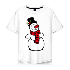 Мужская футболка хлопок Oversize с принтом Весёлый снеговик в Екатеринбурге, 100% хлопок | свободный крой, круглый ворот, “спинка” длиннее передней части | new year | новый год | рождество | снеговик