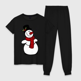 Женская пижама хлопок с принтом Весёлый снеговик в Екатеринбурге, 100% хлопок | брюки и футболка прямого кроя, без карманов, на брюках мягкая резинка на поясе и по низу штанин | new year | новый год | рождество | снеговик
