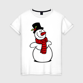 Женская футболка хлопок с принтом Весёлый снеговик в Екатеринбурге, 100% хлопок | прямой крой, круглый вырез горловины, длина до линии бедер, слегка спущенное плечо | new year | новый год | рождество | снеговик