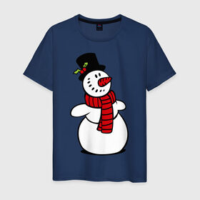 Мужская футболка хлопок с принтом Весёлый снеговик в Екатеринбурге, 100% хлопок | прямой крой, круглый вырез горловины, длина до линии бедер, слегка спущенное плечо. | new year | новый год | рождество | снеговик