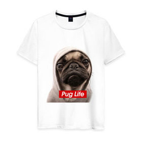 Мужская футболка хлопок с принтом Pug life в Екатеринбурге, 100% хлопок | прямой крой, круглый вырез горловины, длина до линии бедер, слегка спущенное плечо. | pug life | жизнь | капюшон | мопс | собака