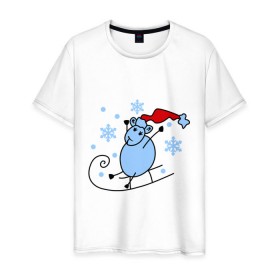 Мужская футболка хлопок с принтом Овечка на санках в Екатеринбурге, 100% хлопок | прямой крой, круглый вырез горловины, длина до линии бедер, слегка спущенное плечо. | зима | новый год | овечка | овца | сани | снег