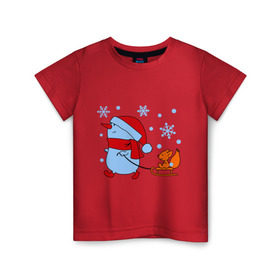 Детская футболка хлопок с принтом Снеговик с санками в Екатеринбурге, 100% хлопок | круглый вырез горловины, полуприлегающий силуэт, длина до линии бедер | new year | белка | новый год | сани | снеговик