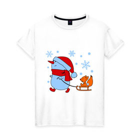 Женская футболка хлопок с принтом Снеговик с санками в Екатеринбурге, 100% хлопок | прямой крой, круглый вырез горловины, длина до линии бедер, слегка спущенное плечо | new year | белка | новый год | сани | снеговик