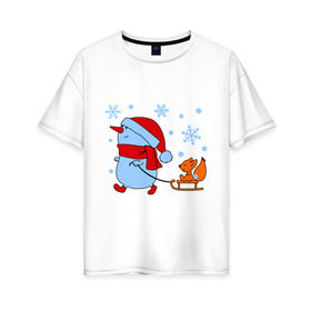 Женская футболка хлопок Oversize с принтом Снеговик с санками в Екатеринбурге, 100% хлопок | свободный крой, круглый ворот, спущенный рукав, длина до линии бедер
 | new year | белка | новый год | сани | снеговик