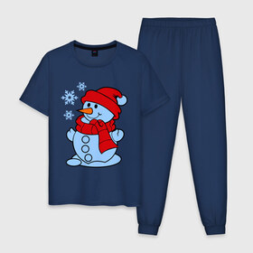 Мужская пижама хлопок с принтом Снеговик и снежинки в Екатеринбурге, 100% хлопок | брюки и футболка прямого кроя, без карманов, на брюках мягкая резинка на поясе и по низу штанин
 | зима | новый год | снег | снеговик | снежинки