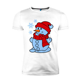 Мужская футболка премиум с принтом Снеговик и снежинки в Екатеринбурге, 92% хлопок, 8% лайкра | приталенный силуэт, круглый вырез ворота, длина до линии бедра, короткий рукав | зима | новый год | снег | снеговик | снежинки