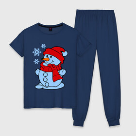 Женская пижама хлопок с принтом Снеговик и снежинки в Екатеринбурге, 100% хлопок | брюки и футболка прямого кроя, без карманов, на брюках мягкая резинка на поясе и по низу штанин | Тематика изображения на принте: зима | новый год | снег | снеговик | снежинки