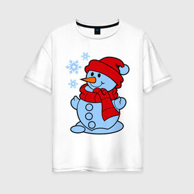 Женская футболка хлопок Oversize с принтом Снеговик и снежинки в Екатеринбурге, 100% хлопок | свободный крой, круглый ворот, спущенный рукав, длина до линии бедер
 | зима | новый год | снег | снеговик | снежинки