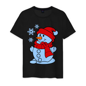 Мужская футболка хлопок с принтом Снеговик и снежинки в Екатеринбурге, 100% хлопок | прямой крой, круглый вырез горловины, длина до линии бедер, слегка спущенное плечо. | зима | новый год | снег | снеговик | снежинки