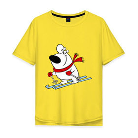 Мужская футболка хлопок Oversize с принтом Мишка на лыжах. в Екатеринбурге, 100% хлопок | свободный крой, круглый ворот, “спинка” длиннее передней части | белый | зима | лыжи | медведь | мишка | новый год