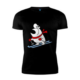 Мужская футболка премиум с принтом Мишка на лыжах. в Екатеринбурге, 92% хлопок, 8% лайкра | приталенный силуэт, круглый вырез ворота, длина до линии бедра, короткий рукав | белый | зима | лыжи | медведь | мишка | новый год
