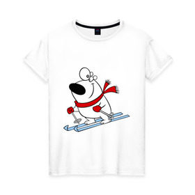 Женская футболка хлопок с принтом Мишка на лыжах. в Екатеринбурге, 100% хлопок | прямой крой, круглый вырез горловины, длина до линии бедер, слегка спущенное плечо | белый | зима | лыжи | медведь | мишка | новый год