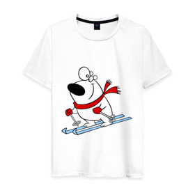 Мужская футболка хлопок с принтом Мишка на лыжах. в Екатеринбурге, 100% хлопок | прямой крой, круглый вырез горловины, длина до линии бедер, слегка спущенное плечо. | белый | зима | лыжи | медведь | мишка | новый год