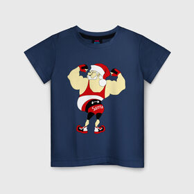 Детская футболка хлопок с принтом Санта бодибилдер в Екатеринбурге, 100% хлопок | круглый вырез горловины, полуприлегающий силуэт, длина до линии бедер | Тематика изображения на принте: 2015 | бодибилдер | культурист | новый год | рождество | санта