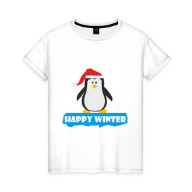 Женская футболка хлопок с принтом Новогодний пингвин на льдине в Екатеринбурге, 100% хлопок | прямой крой, круглый вырез горловины, длина до линии бедер, слегка спущенное плечо | пингвин