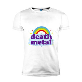 Мужская футболка премиум с принтом Rainbow death metal в Екатеринбурге, 92% хлопок, 8% лайкра | приталенный силуэт, круглый вырез ворота, длина до линии бедра, короткий рукав | Тематика изображения на принте: будь металистом | волшебство | метал | музыка | оставайся рокером | прикол | радуга | рок | рокерам