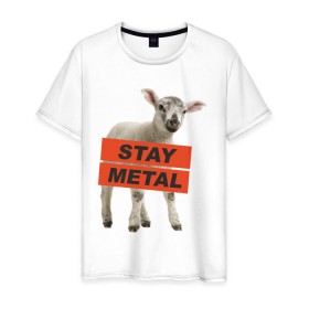 Мужская футболка хлопок с принтом Stay metal lamb в Екатеринбурге, 100% хлопок | прямой крой, круглый вырез горловины, длина до линии бедер, слегка спущенное плечо. | будь металистом | метал | музыка | оставайся рокером | прикол | рок | рокерам | ягненок