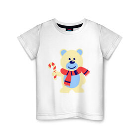 Детская футболка хлопок с принтом Мишка в Екатеринбурге, 100% хлопок | круглый вырез горловины, полуприлегающий силуэт, длина до линии бедер | конфета | леденец | медведь | мишка | нг | новый год | шарф