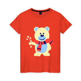 Женская футболка хлопок с принтом Мишка в Екатеринбурге, 100% хлопок | прямой крой, круглый вырез горловины, длина до линии бедер, слегка спущенное плечо | конфета | леденец | медведь | мишка | нг | новый год | шарф