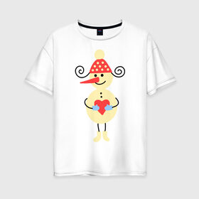 Женская футболка хлопок Oversize с принтом Снеговик в Екатеринбурге, 100% хлопок | свободный крой, круглый ворот, спущенный рукав, длина до линии бедер
 | 2015 | нг | новый год | сердечко | снеговик