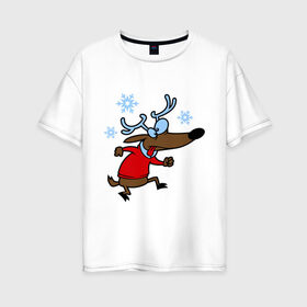 Женская футболка хлопок Oversize с принтом Новогодний олень в Екатеринбурге, 100% хлопок | свободный крой, круглый ворот, спущенный рукав, длина до линии бедер
 | 2015 | new year | новый год | олень | снег