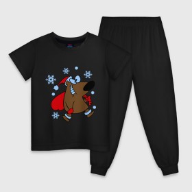 Детская пижама хлопок с принтом Новогодний мишка в Екатеринбурге, 100% хлопок |  брюки и футболка прямого кроя, без карманов, на брюках мягкая резинка на поясе и по низу штанин
 | Тематика изображения на принте: 2015 | new year | медведь | новый год