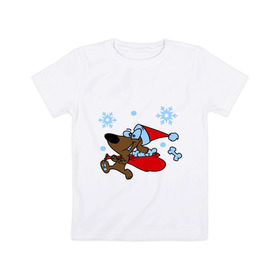 Детская футболка хлопок с принтом Собачка в новогоднем колпаке в Екатеринбурге, 100% хлопок | круглый вырез горловины, полуприлегающий силуэт, длина до линии бедер | new year | новый год | пес | собака