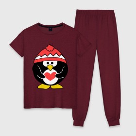 Женская пижама хлопок с принтом Пингвин с сердцем в Екатеринбурге, 100% хлопок | брюки и футболка прямого кроя, без карманов, на брюках мягкая резинка на поясе и по низу штанин | пингвин