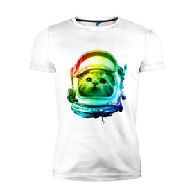 Мужская футболка премиум с принтом Кот космонавт в Екатеринбурге, 92% хлопок, 8% лайкра | приталенный силуэт, круглый вырез ворота, длина до линии бедра, короткий рукав | space | астронавт | животные | звезды | космос | кот | кошка | мордочка | шлем