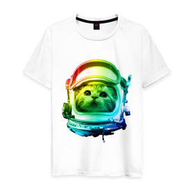 Мужская футболка хлопок с принтом Кот космонавт в Екатеринбурге, 100% хлопок | прямой крой, круглый вырез горловины, длина до линии бедер, слегка спущенное плечо. | space | астронавт | животные | звезды | космос | кот | кошка | мордочка | шлем