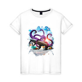 Женская футболка хлопок с принтом Пингвины Мадагаскара в Екатеринбурге, 100% хлопок | прямой крой, круглый вырез горловины, длина до линии бедер, слегка спущенное плечо | мадагаскар | мультик | осминог | пингвины