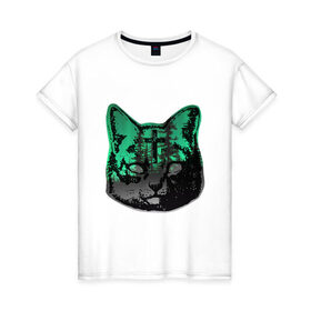 Женская футболка хлопок с принтом Кот свэг в Екатеринбурге, 100% хлопок | прямой крой, круглый вырез горловины, длина до линии бедер, слегка спущенное плечо | город | горы | двойная экспозиция | животные | кот | лес | пейзаж | силуэт